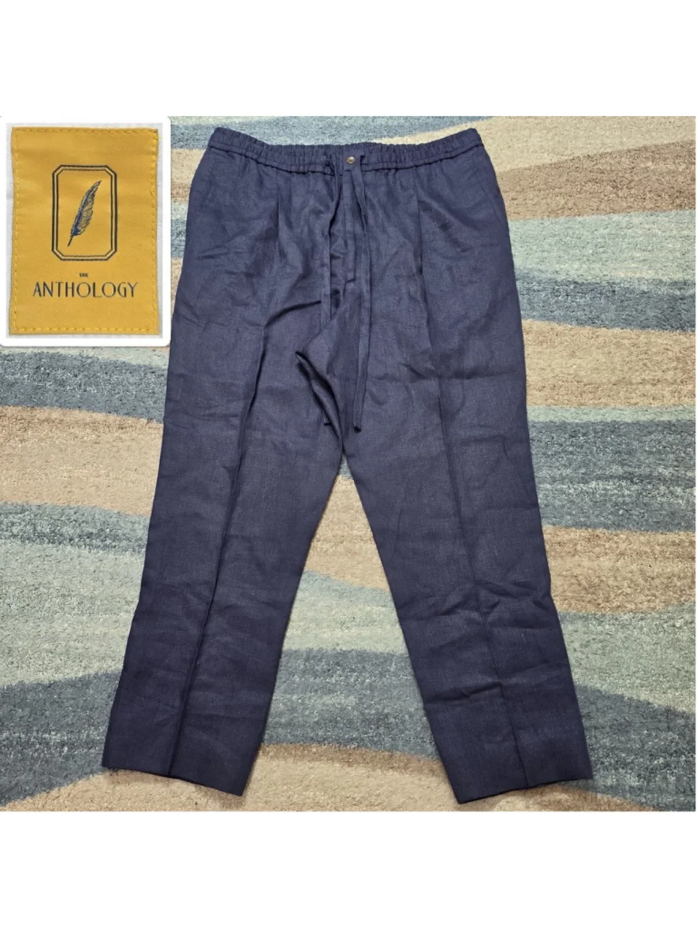 The Anthology Pants Mens Japanese Linen IT54 Navy Drawstring Pleated Italy